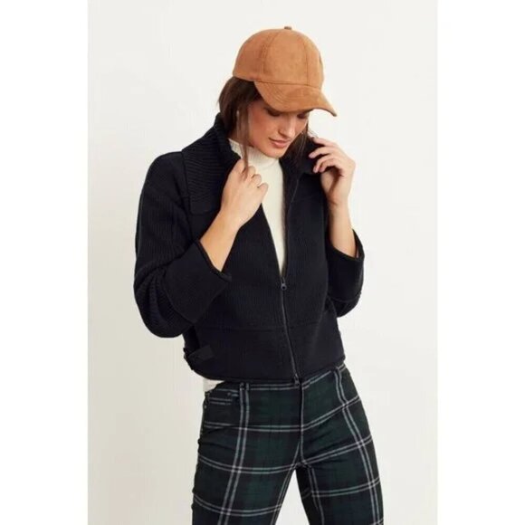 Anthropologie Andrea Black Cropped Full Zip Buckle Sweater Cardigan M NWT - Picture 3 of 9